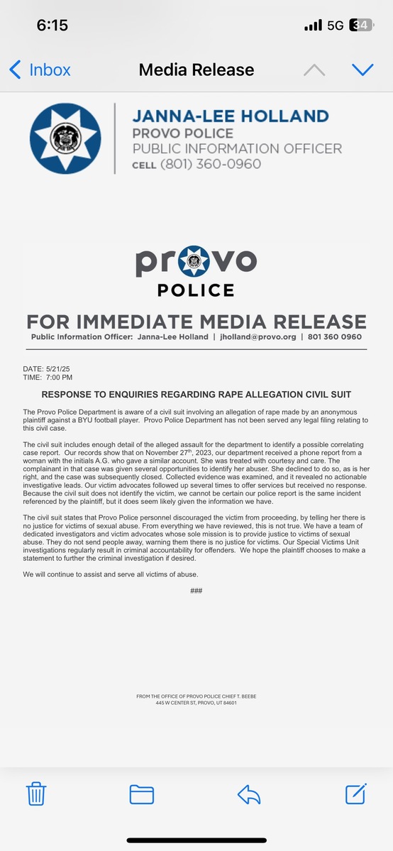 Provo police deny what accuser said. See attached police release